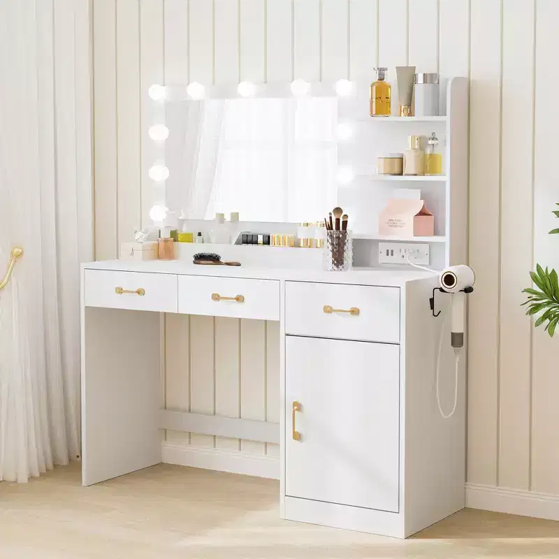 Makeup Vanity Table with Mirror, LED Bulbs & Power Outlet, 3 Drawers, White