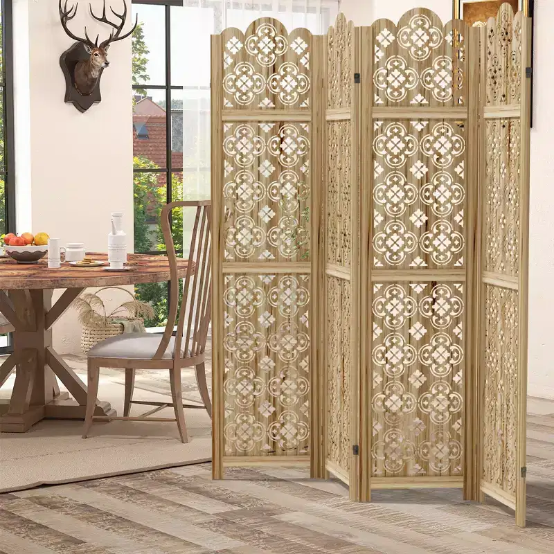 63*67 in Wood Room Divider Folding Privacy Screen Freestanding Partition for Indoor, 4-Panels, Brown
