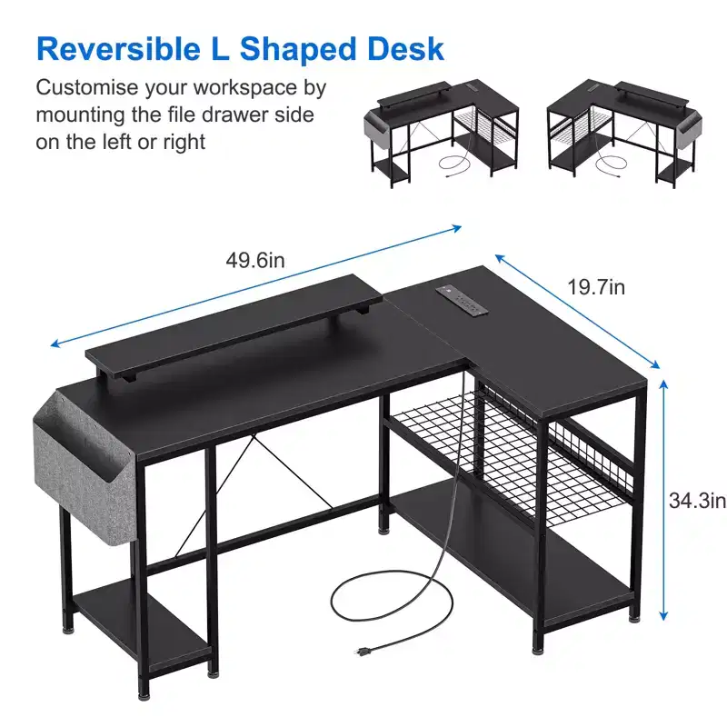 L Shaped Corner Gaming Desk with Lights, Power Outlet & Storage, Small Computer Desk with Monitor Stand & Storage Shelves