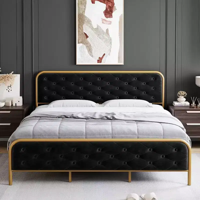 Acekool King Size Velvet Upholstered Platform Bed Frame with Button Tufted Curved Headboard & Gold Metal Frame
