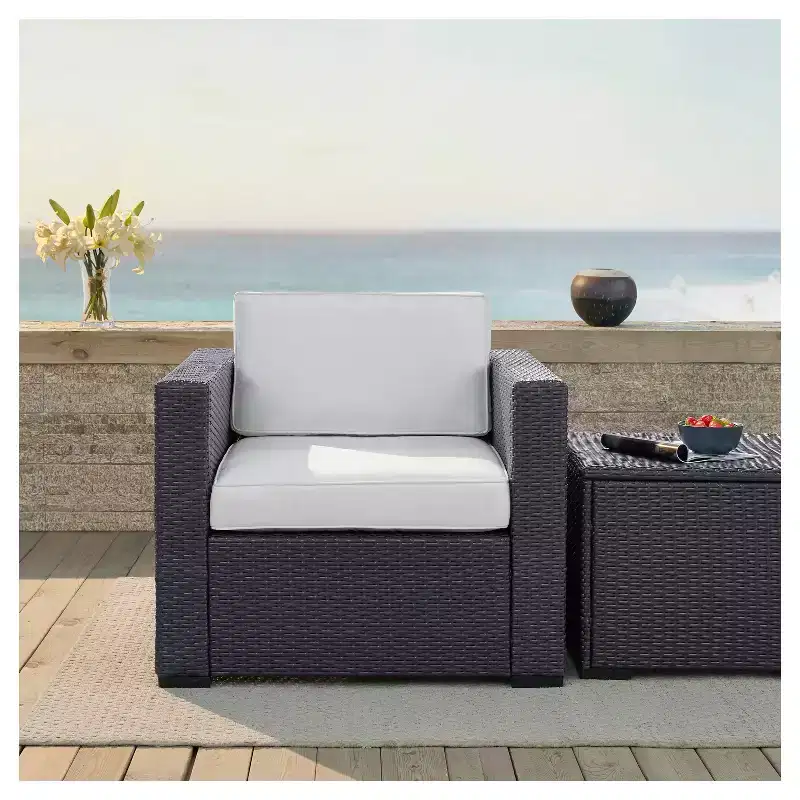 Biscayne Armchair with White Cushions - Brown/White - Crosley