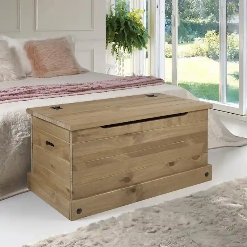 Solid Pine Wood Storage Trunk in Antique Brown, Cottage Style, Multi-Use Organizer