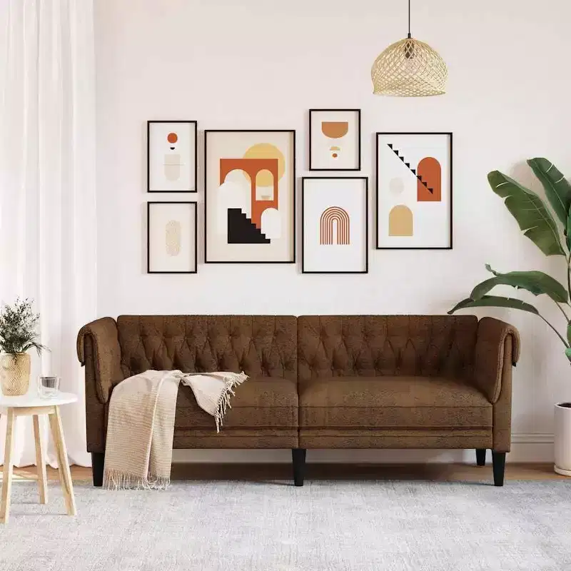 3-Seater Chesterfield Sofa - Brown Fabric Upholstered Living Room Settee - Stylish & Comfortable Furniture