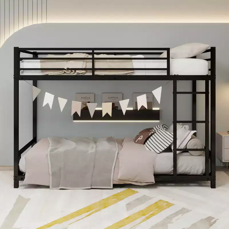 Modern Metal Bunk Bed with Safety Guardrail and Ladder Design