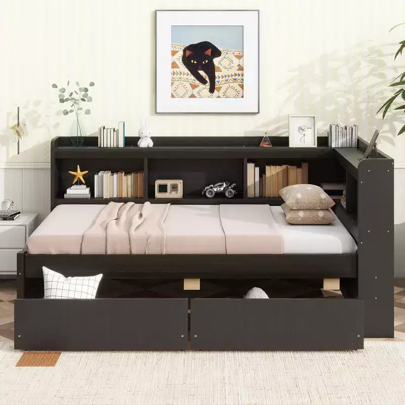 Twin Size L-shaped Bookcases Bed with Power Outlets, USB Charging Ports,Two Drawers,Espresso