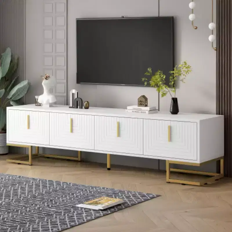 80'' Modern TV Stand with Metal Legs & Gold Handles, Media Console with Cabinets & Adjustable Shelves for Living Room