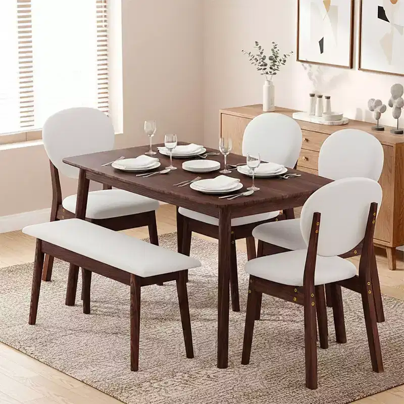Karl Home 47''Dining Table Set For 6, Solid Wood Kitchen Table With Bench And 4 Chairs With upholstered Backrest