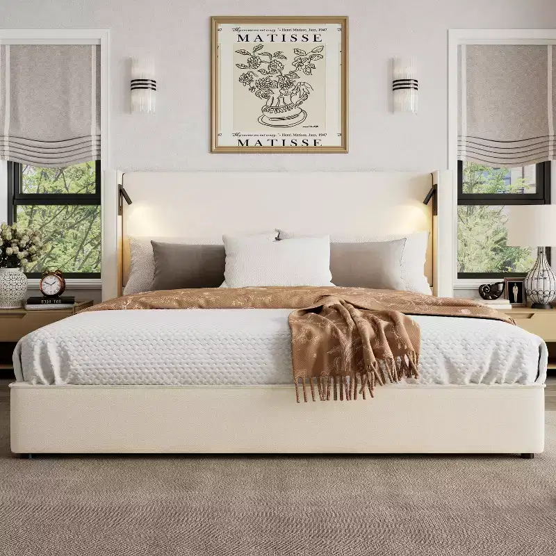 Christopher Knight Home Kanya Modern Wooden Linen Upholstered Bed Frame with High Wingback Headboard, Lamp and USB Port