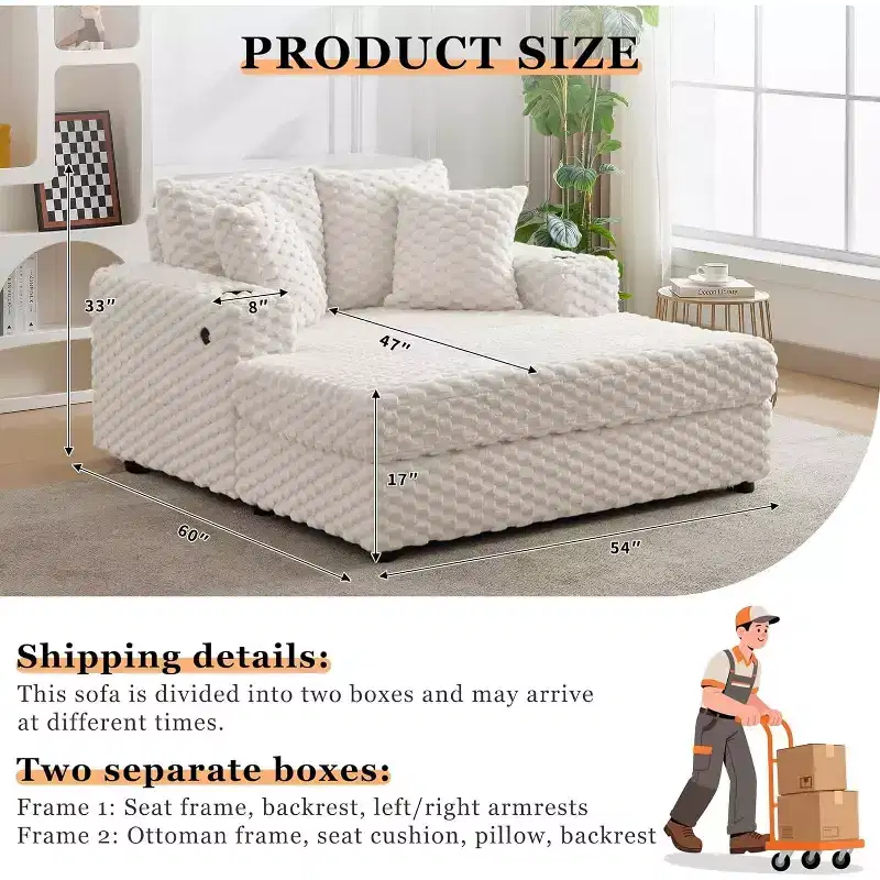 Oversized Chaise Lounge Chair 60 Inch, Upholstered Reading Chair with Throw Pillows, Modern Sleeper Sofa Bed for Living Room Bedroom, Beige