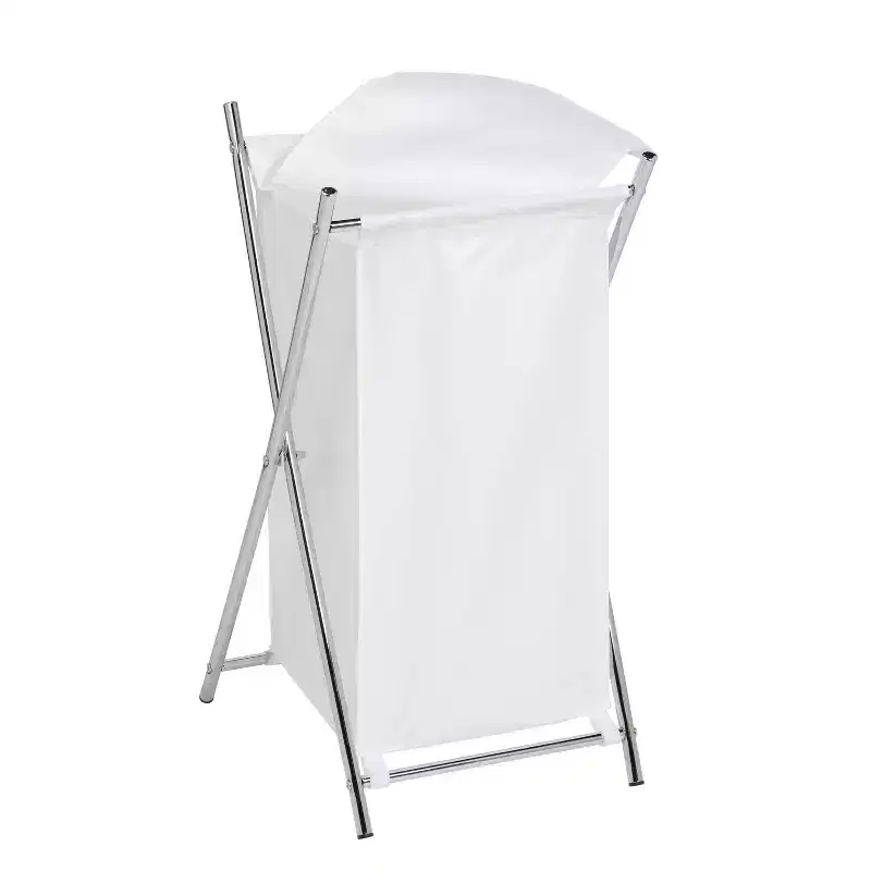 Folding Laundry Hamper Chrome, Collapsible Steel Frame, 3 cu ft, Washable Bag