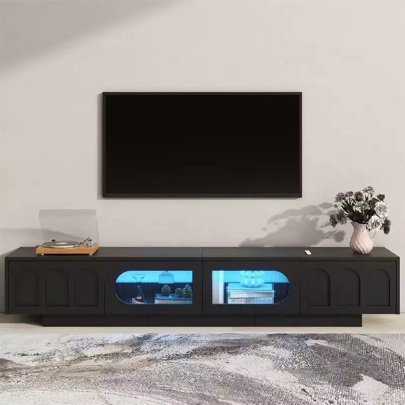 On-Trend TV Stand with Fluted Tempered Glass Doors for TVs Up to 95'', Functional Media Console with Arched Cabinet Doors