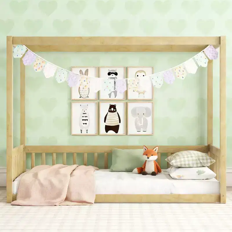 Twin Canopy Frame Floor Bed with Fence