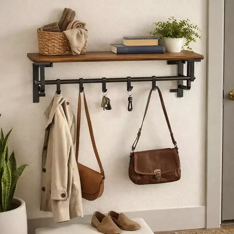 26 Inch Industrial Wall Mount Coat Rack with Metal Frame, 5 Hooks and 1 Shelf, Rustic Brown & Black