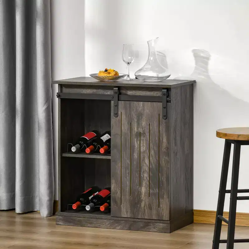 Industrial Sideboard Storage Cabinet with Sliding Barn Door and 6-Bottle Wine Rack