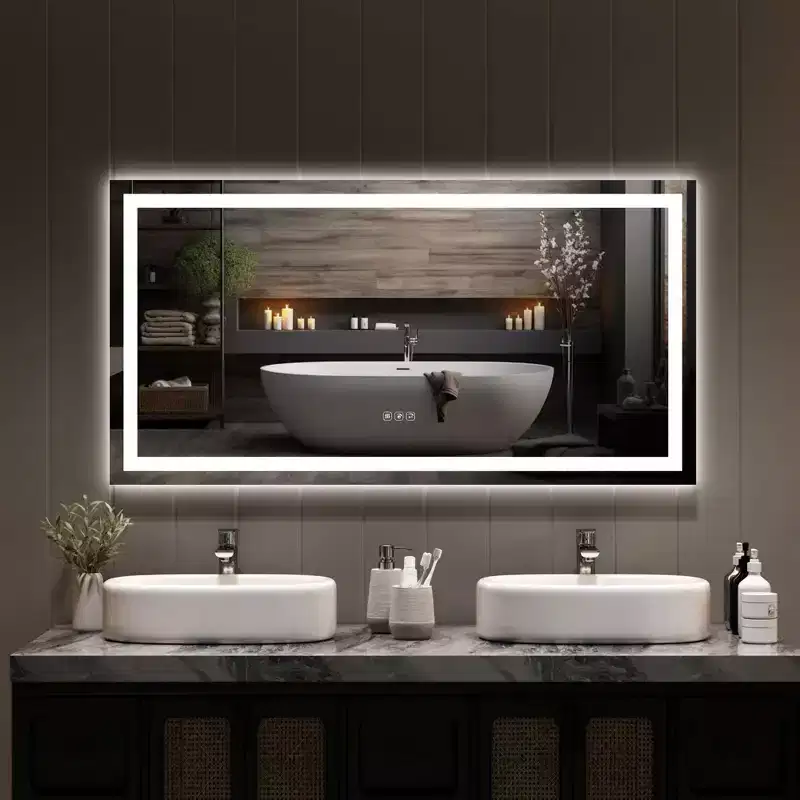 No Frame Led Bathroom Mirror with Front and Backlit, Stepless Dimmabl, Anti-Fog, Shatter-Proof for Wall (Horizontal/Vertical)