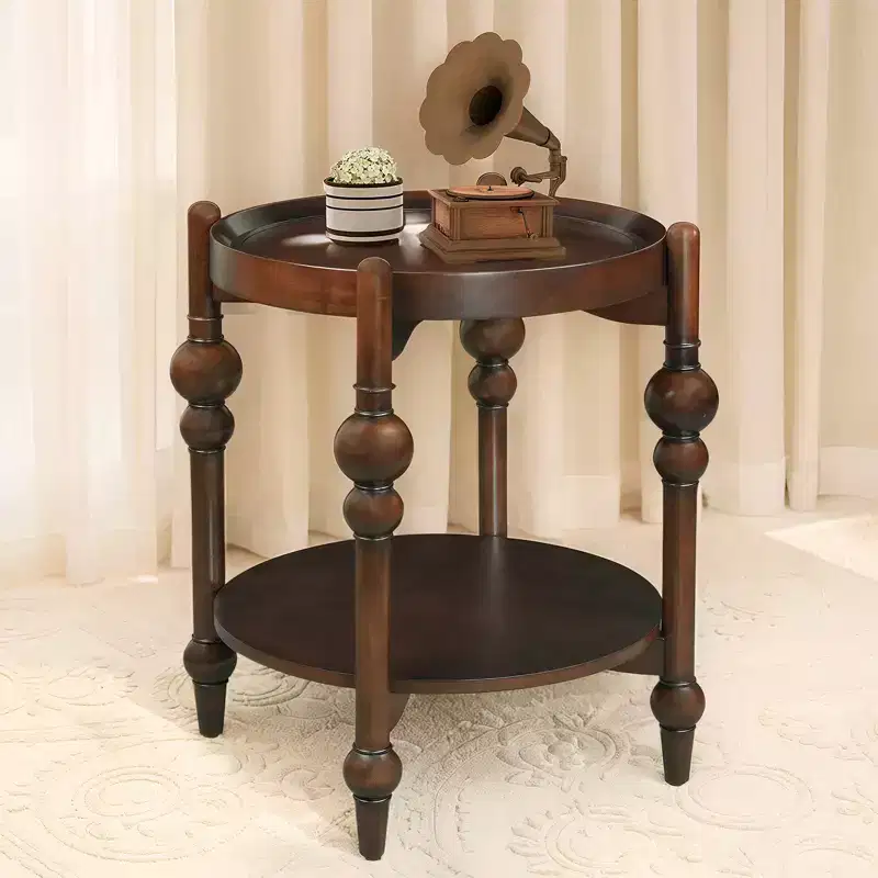 Classic Solid Wood Round Side Table with Lower Shelf, Accent End Table for Living Room or Bedroom