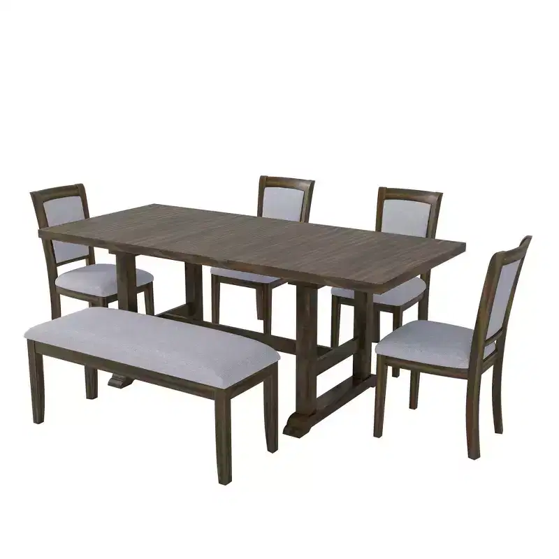 Whisen Updated 6-Piece Rustic Kitchen Extendable Dining Table Set, 76.9 Trestle Dining Table & 4 Upholstered Dining Chairs, 1 Bench