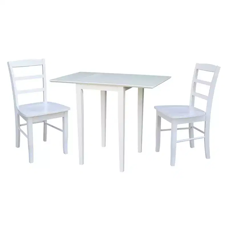 Tate Dual Drop Leaf Dining Set with 2 Madrid Ladderback Chairs White: Parawood, Mid-Century Style, 3-Piece Set