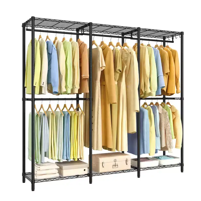 Ink Black Heavy - Duty Clothing Rack - Adjustable Storage Shelves, Hanging Rails, Hooks. Freestanding Portable Wardrobe Closet Rack