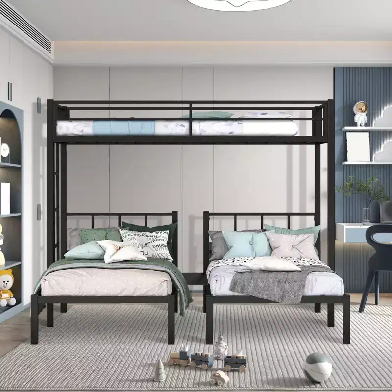 Twin Metal Bunk Bed, Triple Convertible Loft, Full-Length Guardrail & Ladder, Space-Saving, No Box Spring, Black, Twin Over Twin for Teens/Adults