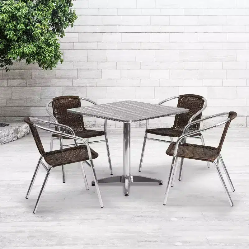 Emma and Oliver 31.5 Square Aluminum Garden Patio Table Set with 4 Rattan Chairs