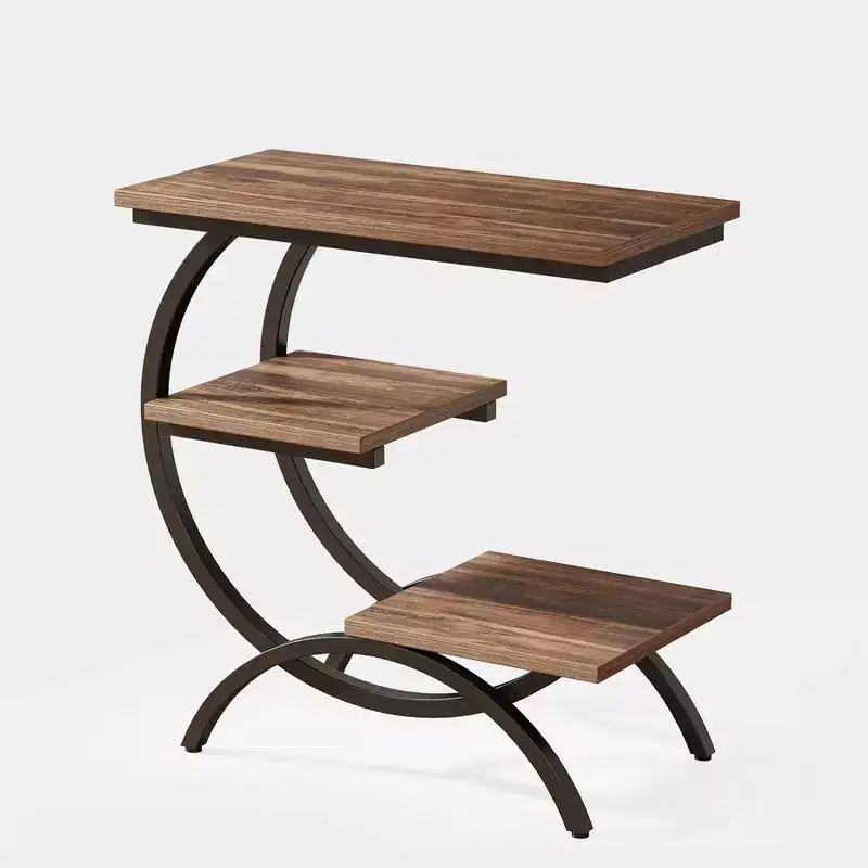 Lantine Industrial 3-Tier C-Shaped Side End Table for Living Room