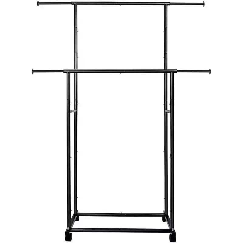 Double Rod Rolling Clothes Rack with Adjustable Width, Locking Wheels and Bottom Shelf
