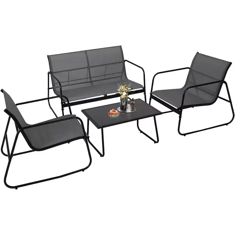 4-Piece Outdoor Patio Set  Steel Frame, Textilene Fabric & Tempered Glass Table for Balcony/Backyard