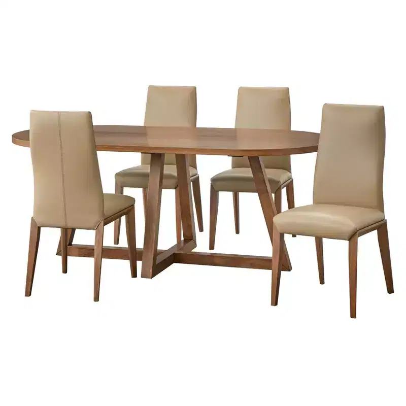 Lifestorey 5pc Valissa Modern Dining Set with Leather Chairs Walnut/Taupe