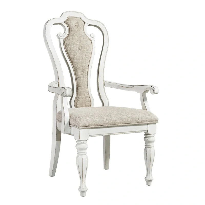 Antique White Weathered Bark Splat Back Upholstered Arm Chair