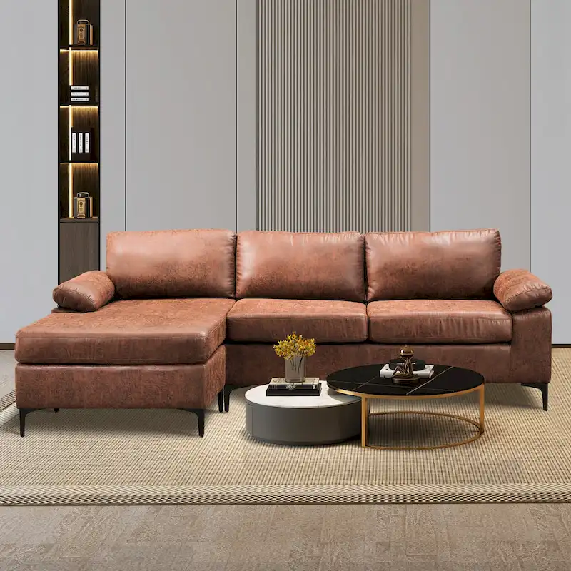 OVIOS Mid-Century Suede Reversible Chaise Sofa With Metal Legs
