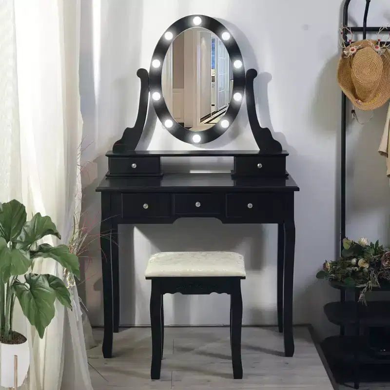 Modern Makeup Vanity, Girls Vanity Set with Lighted Mirror and Cushioned Stool,Make Up Table with 5 Drawers for Bedroom, Dressing Table for Kids Women