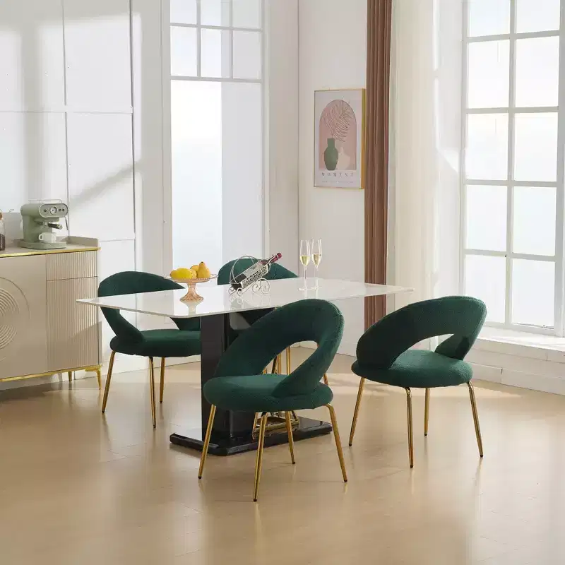 Set of 1 Teddy Fabric Dining Chairs With Curved Backrest and Golden Metal Legs for Kitchen or Dining Room ,White
