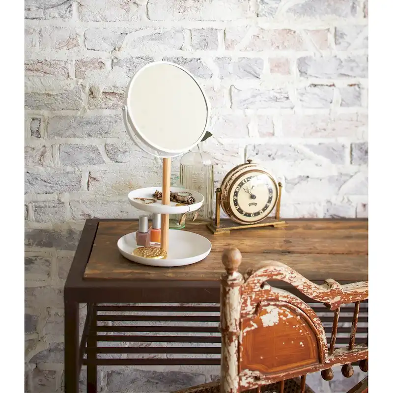 Two-Tier Jewelry Tray With Mirror, Steel and Wood, Mirror diameter 5.9 inches, Holds 4.4 lbs
