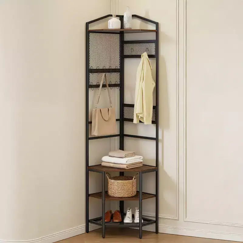 VEVOR Corner Hall Tree, 71.3 in Coat Rack with Hooks, Top Shelf & Steel Frame, Freestanding Clothes Shoes Rack Storage Organizer, Black+Brown