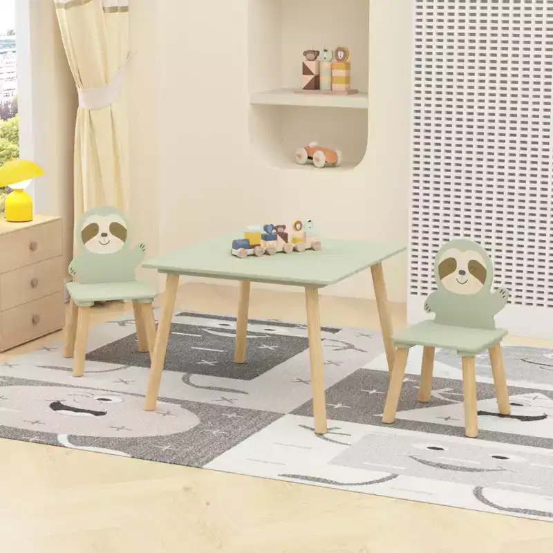 Kids Table and Chair Set with 2 Cute Sloth Chairs, Wooden Toddler Activity Table, Cute Animal Design Play & Study Set for Playroom, Bedroom