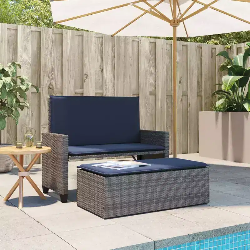 vidaXL Patio Bench with Cushions and Footstool Brown Poly Rattan