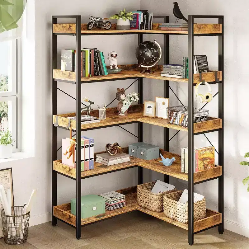Bookshelf 5 Tier with 4 Hooks, Reversible Corner Bookshelf, 165cm Industrial Wooden Bookcase with Open Shelves and Metal Frame for Living Room