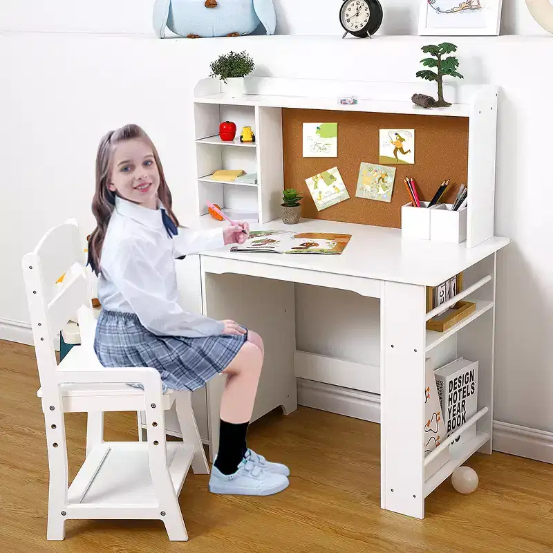Kids Vanity & Study Desk Set  White Table with Chair, Bookshelf, Mirror, Cabinets & Bulletin Board for Ages 39
