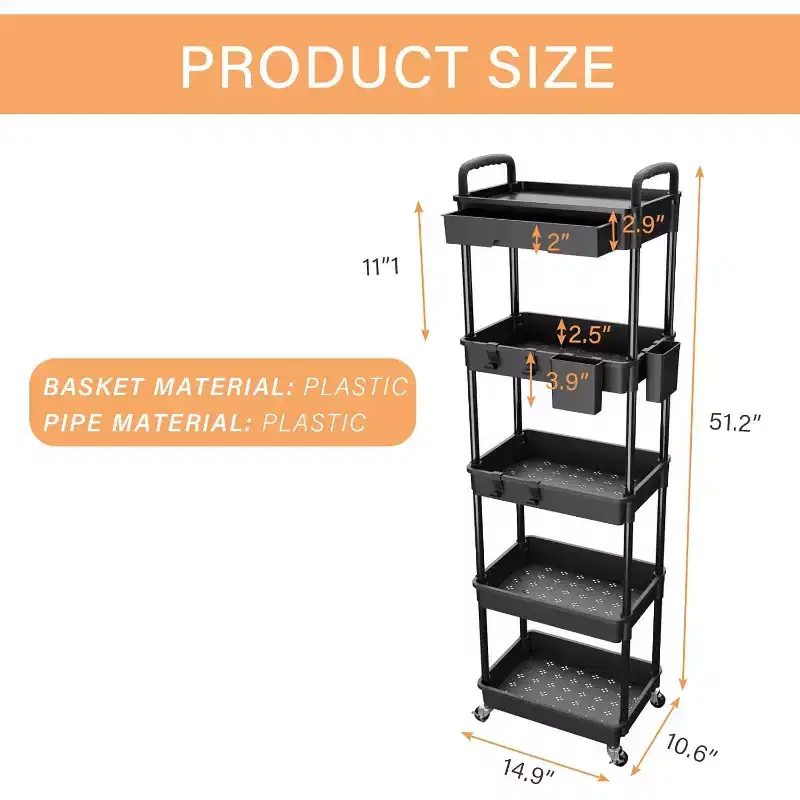 ALUCSET 5 Tier Rolling Utility Cart with Drawer, Plastic Storage Organizer Cart with Wheels, Lockable Caster for Kitchen, Bathroom, Office, Bedroom