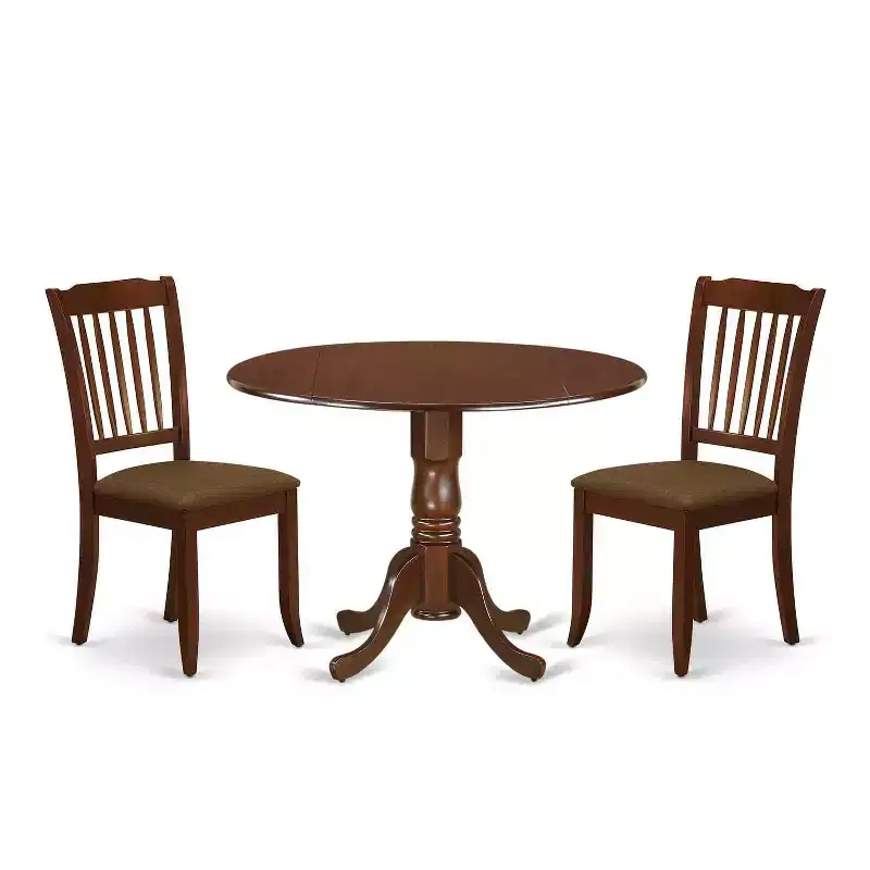 Round Dinette Set with Drop Leaf Table & 2 Linen Dining Chairs - Mahogany Finish