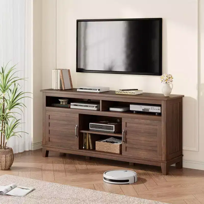 Acekool Modern TV Stand for 65 Inch TV, Semi-Open Double Door Cabinet with Adjustable Shelves, 8 Storage Compartments