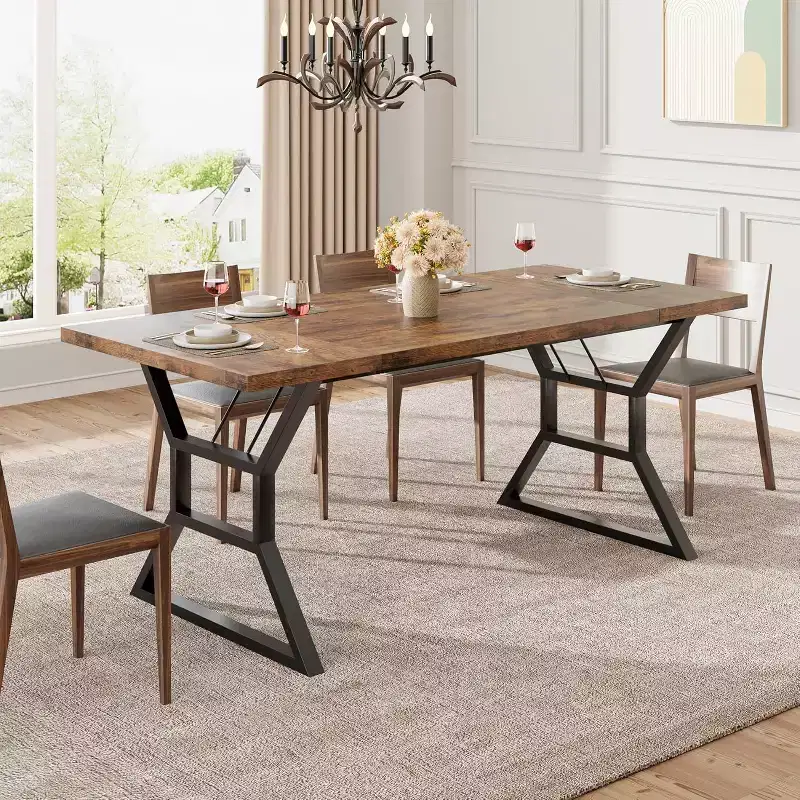 Rectangular Dining Table for 6 People, Kitchen Tables with Extra Heavy Duty Metal Legs, Retro Brown