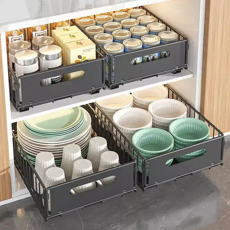 Slide Out Drawers Pantry Shelves Drawer Storage ,Pull Out Cabinet Organizer, Heavy Duty Under Sink for Kitchen Cabinets, Bathroom Black Small 2PCS