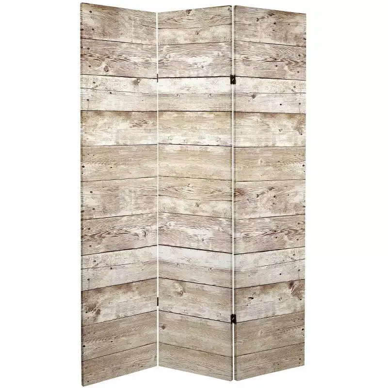 6" Double Sided Pale Wood Pattern Canvas Room Divider Brown - Oriental Furniture: Spruce Frame, Adjustable Partition