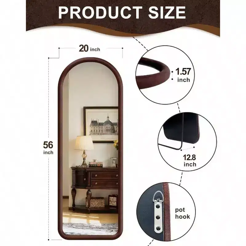 Arched Full Length Mirror with Plush Frame in Dark Brown. Freestanding, Ideal for Leaning or Hanging as Soft Decor