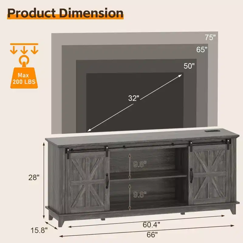 Farmhouse TV Stand for 75 Inch TV with Barn Doors, Adjustable Shelves and Storage Cabinets for Living Room