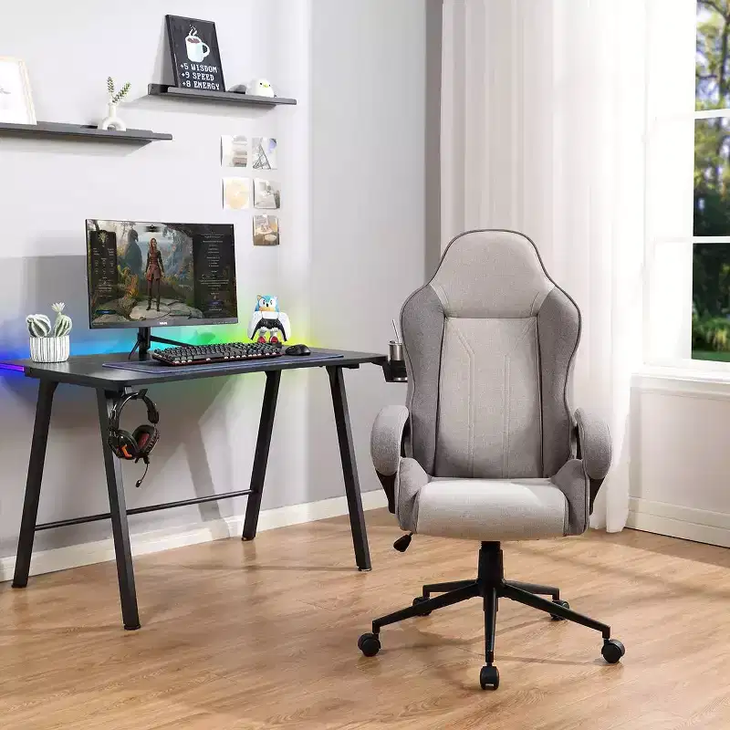 Swivel Gaming Chair Gray Upholstered Computer Desk Chair Adjustable Fixed Arms