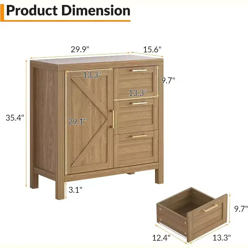 COZONY Buffet Cabinet with Storage, 3 Drawer Sideboard Coffee Bar with Adjustable Shelf, Wooden Storage Cabinet for Living Room, Dining Room, Walnut