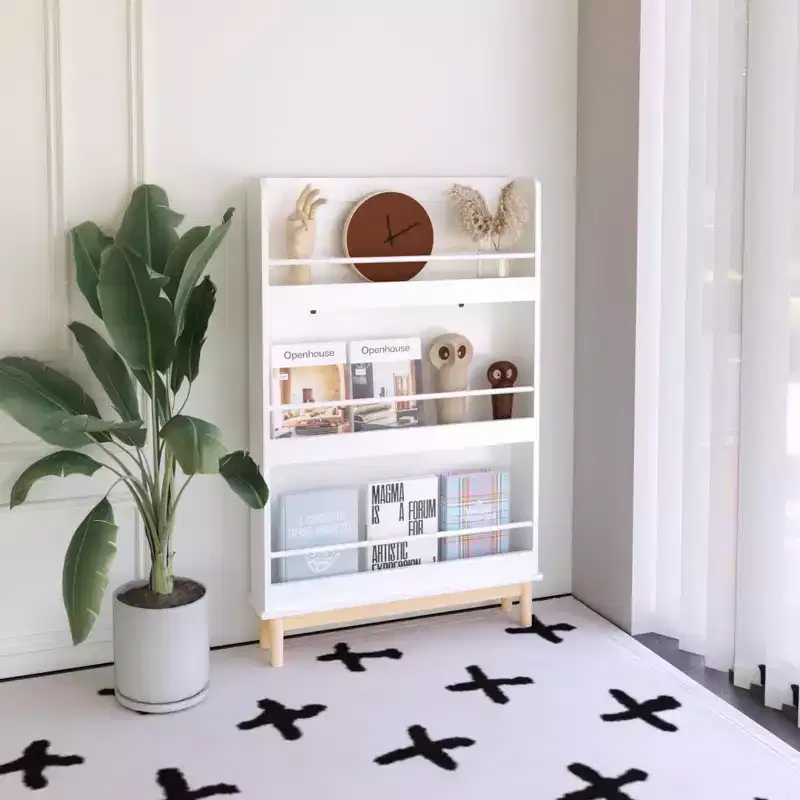 Okak Kids Bookshelf, Bookcase with 3 Front-Facing Display Shelves and Natural Wood Base, Display Case for Toddler Bedroom, Nursery or Playroom, White
